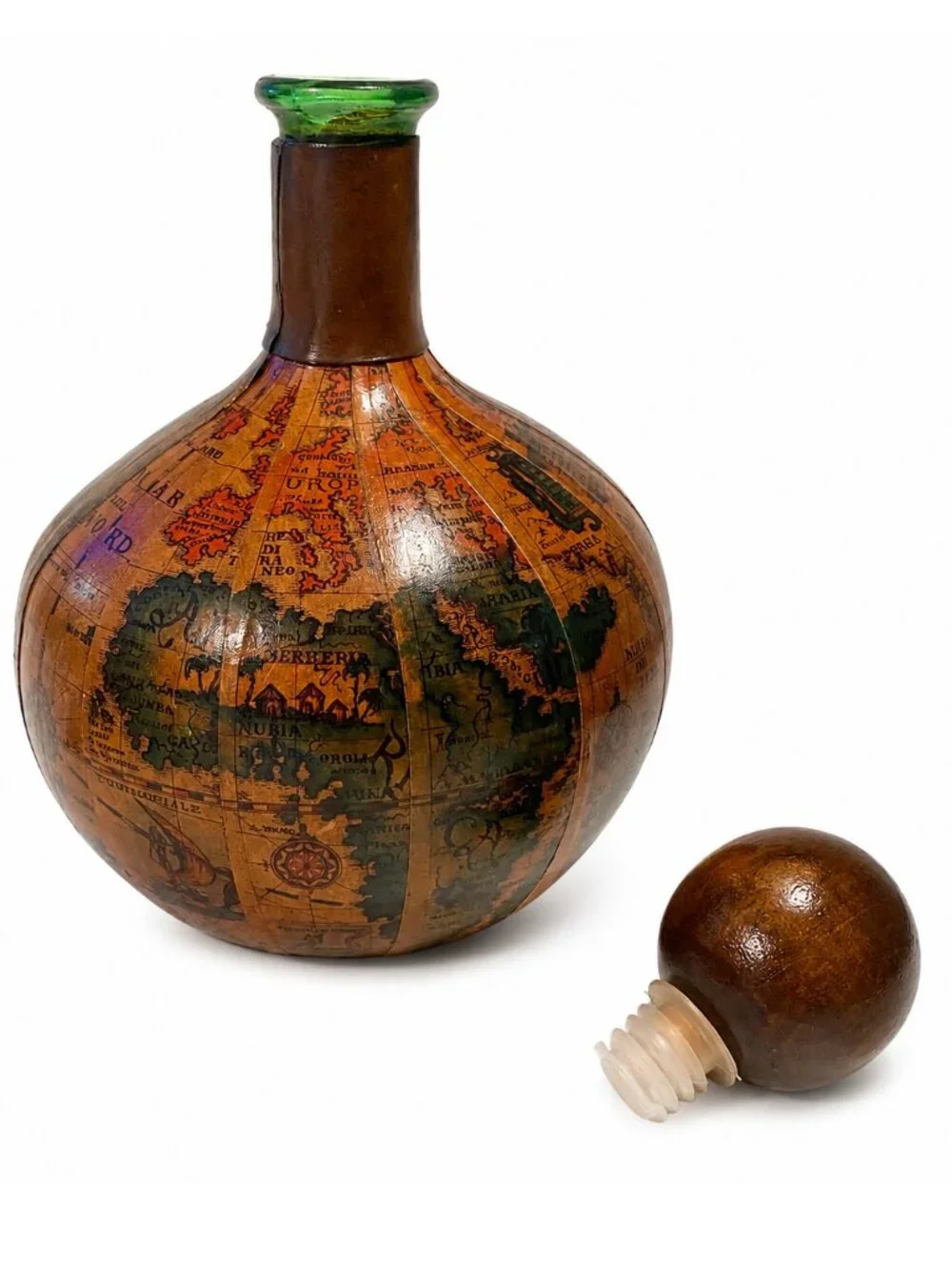 Vintage Italian Leather Wrapped Glass Decanter w/Old World Map